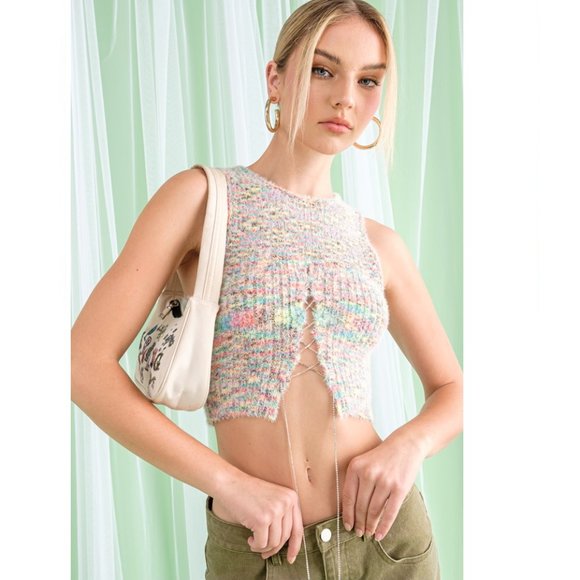 Cropped Sweater Half Open Jeweled Front Lace Sleeveless Sexy Knit Top - Picture 8 of 10